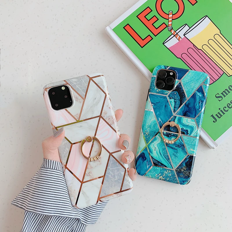 Геометрический гальванический мраморный чехол с кольцом для iPhone 11 Pro Max 2019 XR XS MAX X 8
