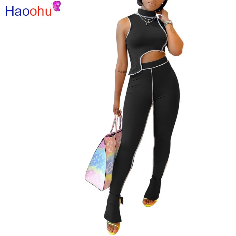 

Office Lady Stand Collar Sleeveless Tank Hollow Out Asymmetrical Hem Crop Top Splited Leggings Pants Slim High Waist Streetwears