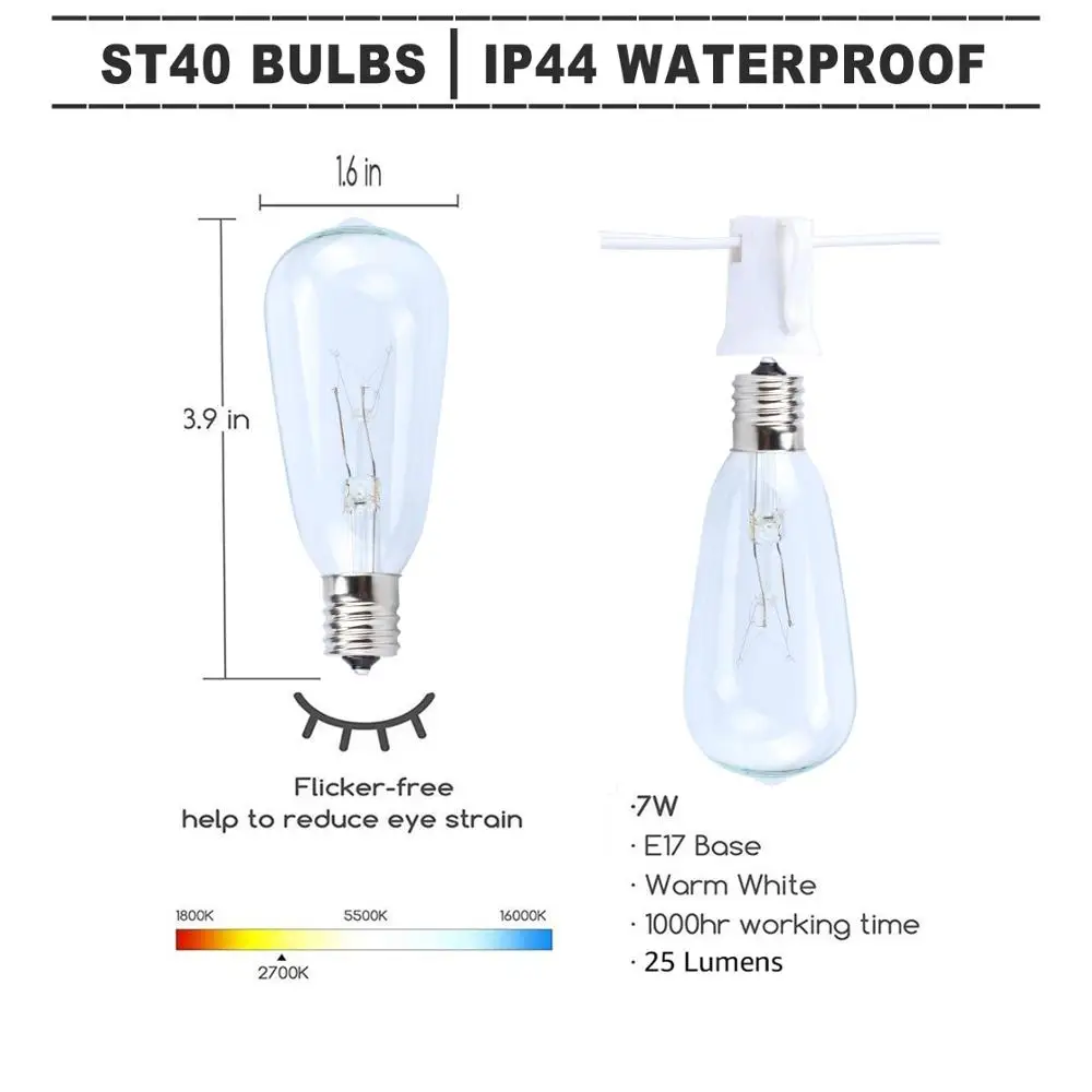 Наружные струнные светильники 20 футов с лампами Эдисона винтажные бистро