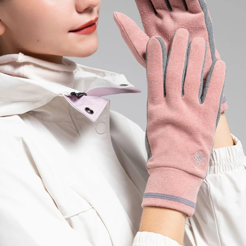

Women Winter Warm Touch Screen Gloves Fingertip Flip Cover Floral Embroidery Outdoor Driving Windproof Non-Slip Mittens