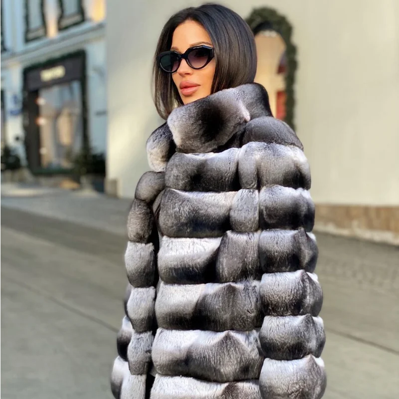 FURSARCAR 2021 Top Fashion Natural Rex Rabbit Fur Chinchilla Color Furs Jacket Real Rabbit Fur Thick Warm Winter Woman Overcoat