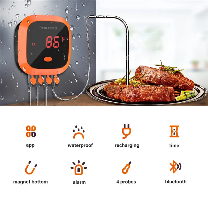 

Inkbird IBT-4XC BBQ Thermometer Orange Color Digital Cooking Meat Food Oven Grilling Thermometer With Timer APP&USB Rechargable