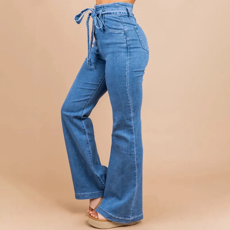 

2020 Hot Sell Women's Jeans Spring And Summer Style Dark Blue High Waist Lace Broad leg Flared Trousers