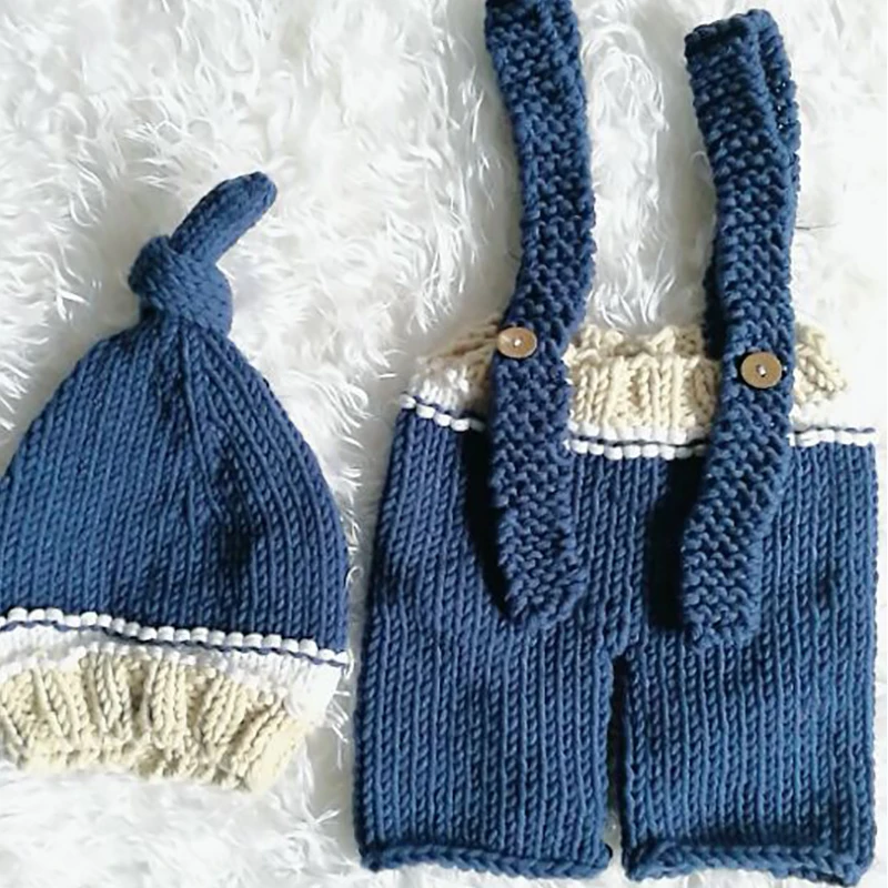 Traje para foto de beb&eacute;, ropa para reci&eacute;n nacido, ni&ntilde;a y ni&ntilde;o, utillaje de fotograf&iacute;a, pantalones de babero de punto de ganchillo + sombrero, conjuntos de 2 Uds., traje azul-1
