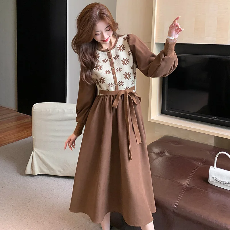 

Women One Piece Korea Dress Autumn 2021 New Office Lady French Style Vintage Knitting Long Sleeve Patchwork Solid Belt Dresses
