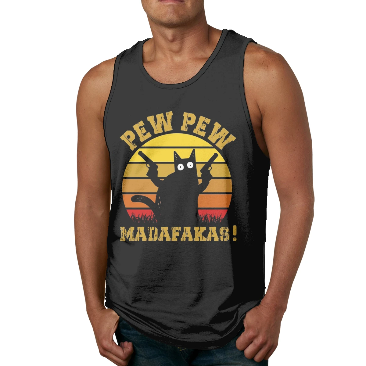 

Good Vintage Black Cat Pew Pew Madafakas Quality Cotton Tank Top High-Q Classic Round Neck Vest