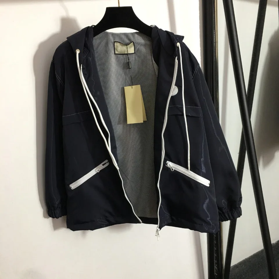 

Luxury Designer Spring Autumn Women's Tops Embroidered Letter Zip Pocket Long Sleeve Hooded Trench Coat FA-65