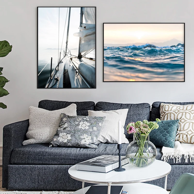 

Nordic Seascape Wall Art Canvas Painting Scandinavian Motivational Posters and Prints Ocean Waves Wall Picture for Living Room