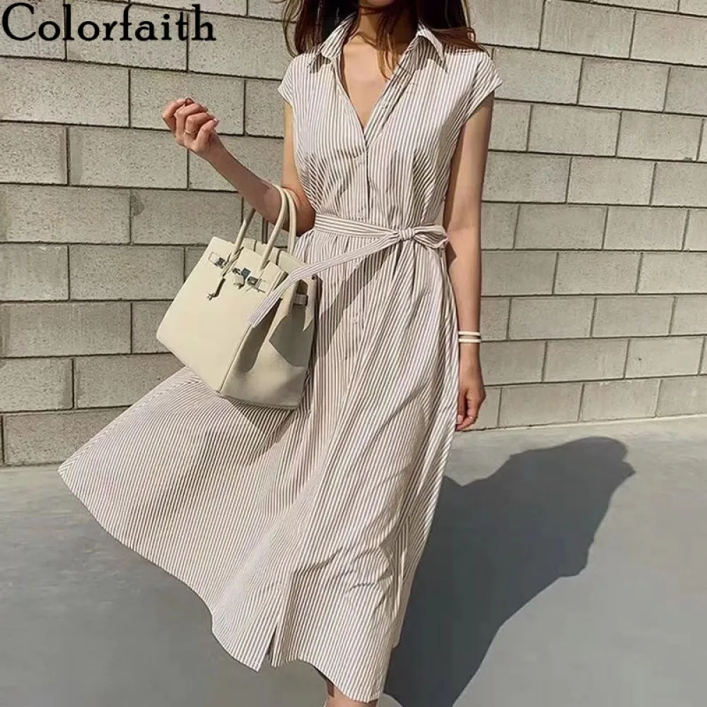 Платье-рубашка Colorfaith женское в полоску длинное Повседневное платье оверсайз без