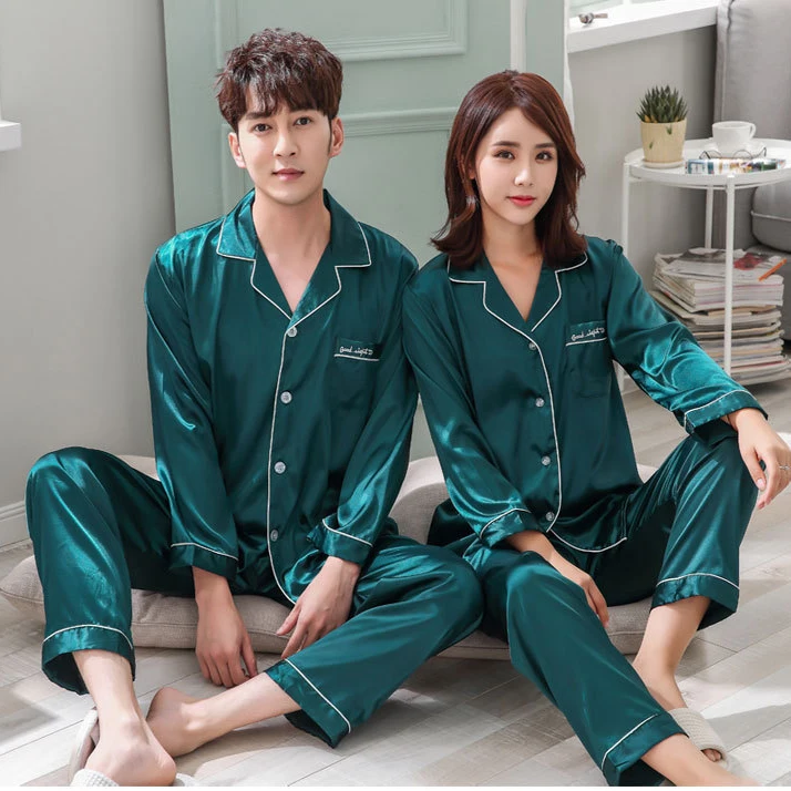 

Couple 2 pieces Couples Men&Women Satin Pajamas Set 2pcs ShirtPant Home Clothes Lovers Sleepwear Intimate Lingerie Pyjamas Suit