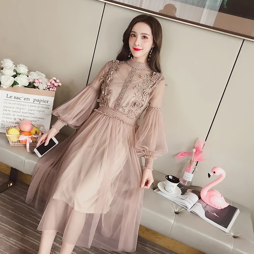 Женское Сетчатое платье с воротником стойкой прозрачное кружевное рукавами