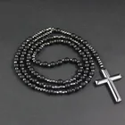 Ожерелье из гематита с бусинами для мужчин и женщин, ожерелье с черными сверкающими бусинами, Длинная цепочка-подвеска в виде религиозного Креста, QJ-01