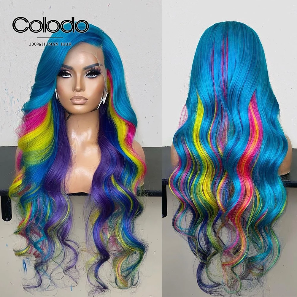 

180% Green Purple Rainbow Highlight Wig Platinum Lace Front Human Hair Wigs with Baby Hair Glueless Transparent Lace Wigs COLODO
