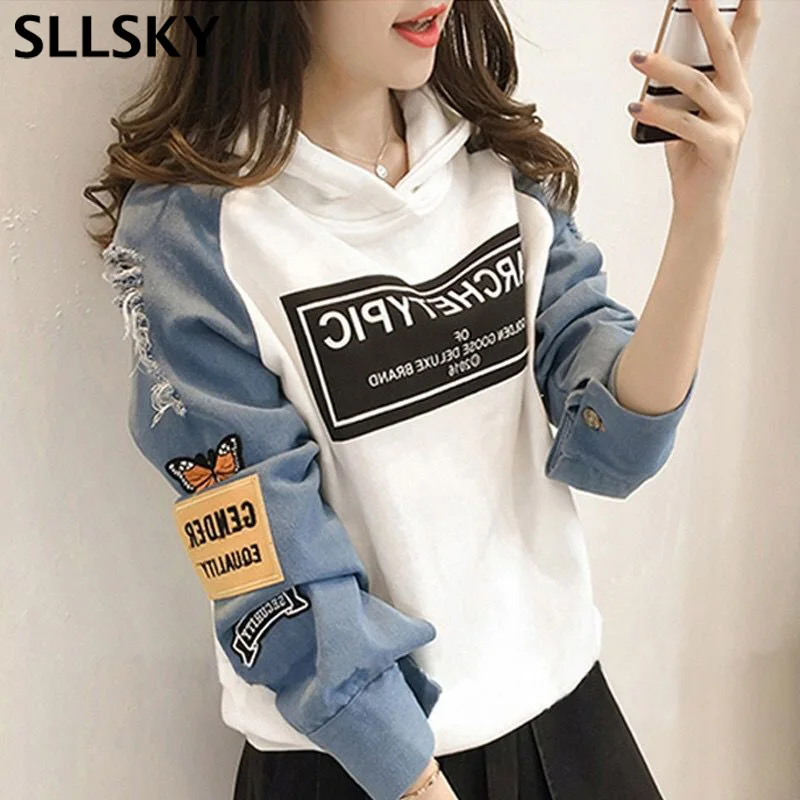 

SLLSKY Harajuku Sweatshirt Women Letter Print Patch Women Hoodies 2020 Autumn New Hole Long Sleeve Drawstring Splice Pullovers