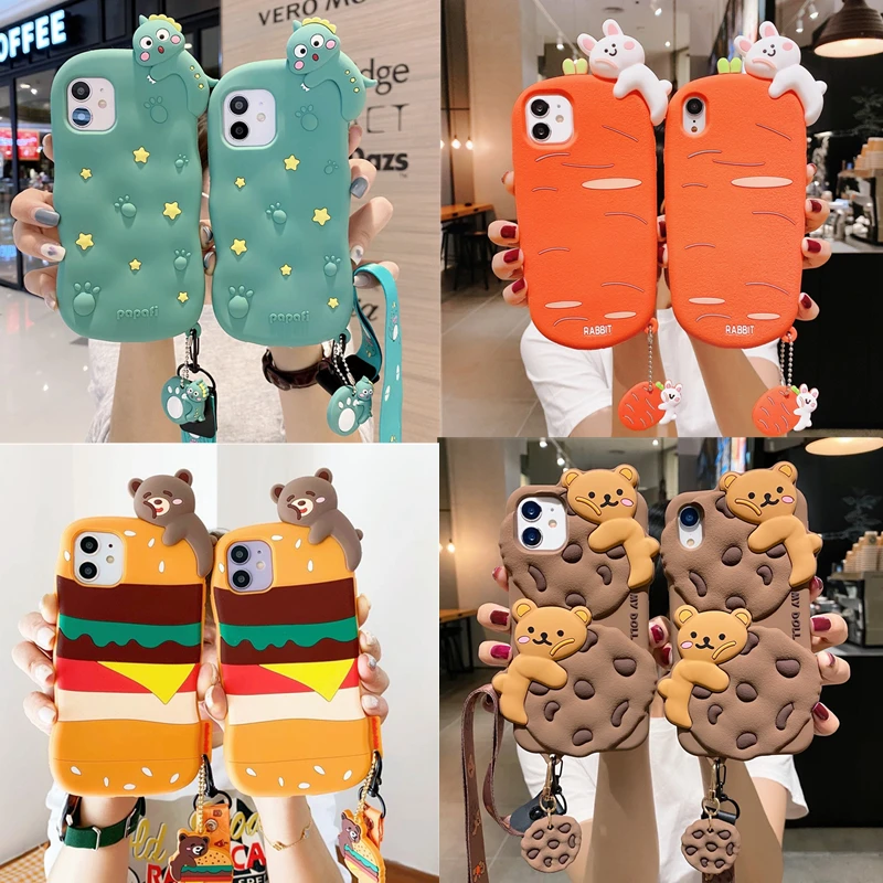 

Super Cute 3D Dinosaur Hamburger Bear + Lanyard Silicone Cover for Iphone 12Mini 11Pro MAX XR SE20 8plus with Pendant Phone Case