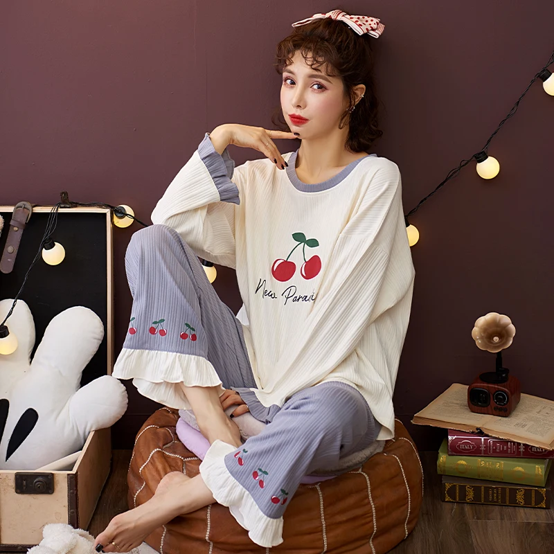 

Women's Cotton Pajamas Sets Cute Cartoon Homewear Loose Home Clothes Lounge Wear Autumn Long Sleeve Female Pyjamas Suit