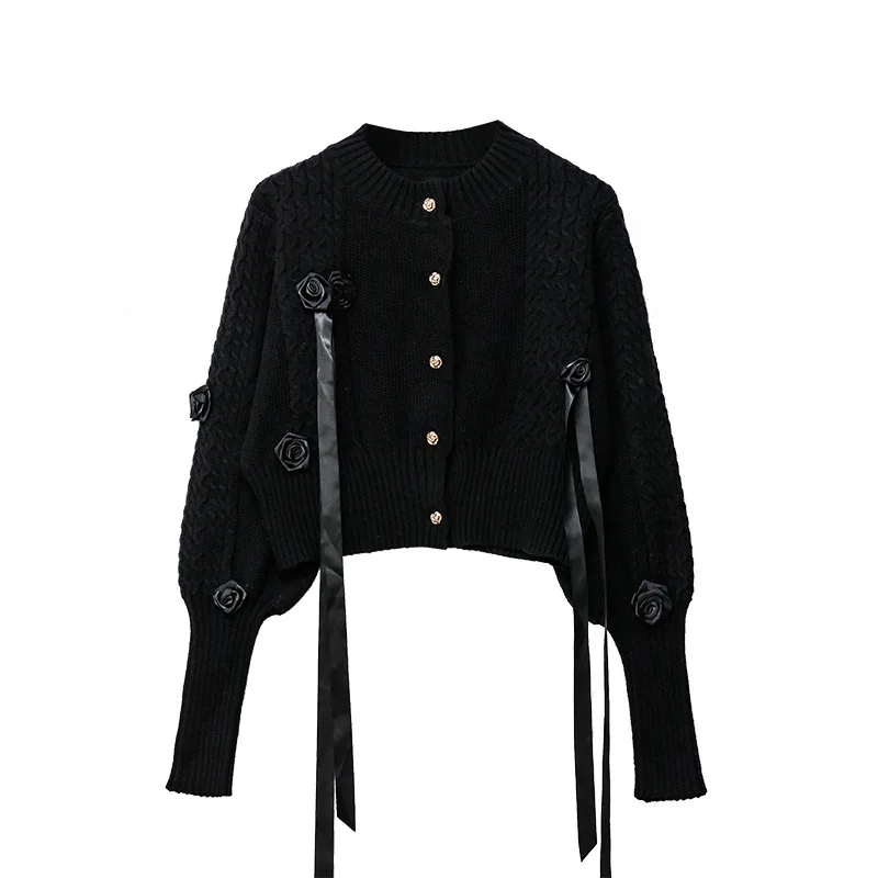 

Fall Winter High Quality Rose Ribbon Cardigan Women Elegant Knitted Sweater Warm Modis Tops Slim Minimalist Office Lady Jumpers