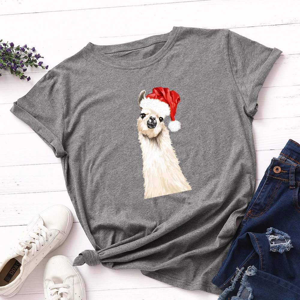Женские футболки с графическим рисунком, женские футболки с коротким рукавом, хлопок, рождественские Забавные футболки с изображением ламы, топы, футболки больших размеров - Цвет: Темно-серый