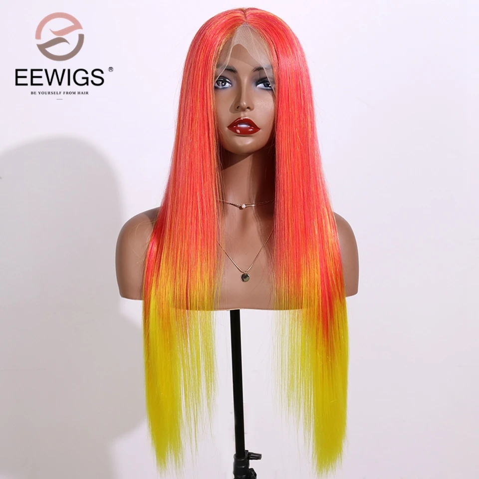 EEWIGS фиолетовый до ярко-розовый парик Омбре прямой синтетический парик на кружеве с естественными волосами термостойкие парики для черных женщин