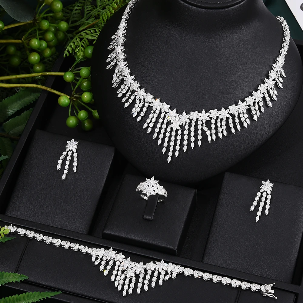 

GODKI UAE 4PCS Super Luxury Star Flowers Waterdrop Charms Jewelry Set For Women Wedding Cubic Zircon Dress Necklace Earring Set