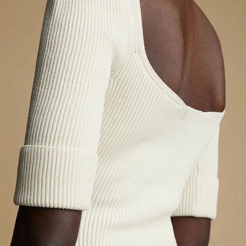 

VGH White Slim Dress For Women Square Collar Half Sleeve High Waist Split Minimalist Midi Dresses Female 2021 Spring Fashion New