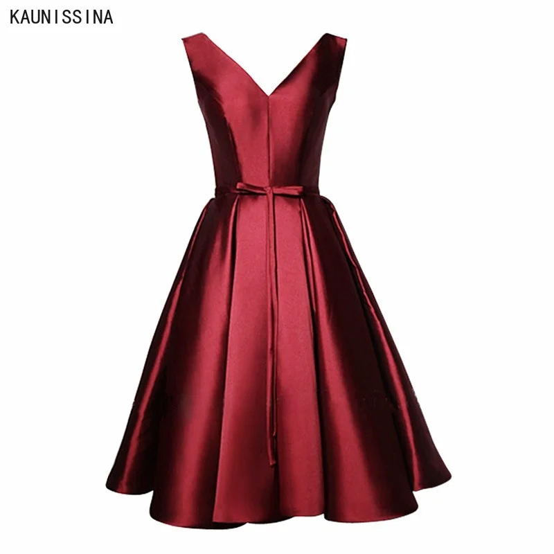 

KAUNISSINA Bridesmaid Dresses Satin V-Neck Sleeveless Medium Length Cheap Party Dress for Wedding Women A-Line Bridesmaids Gowns