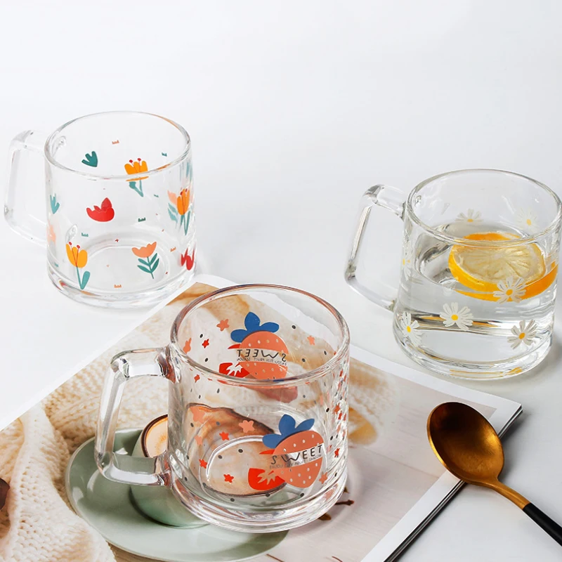 

Kawaii Strawberry Glass Mug With handgrip Creative High Temperature Resistance Clear Glass Water Cup Household Milk Juice Cups