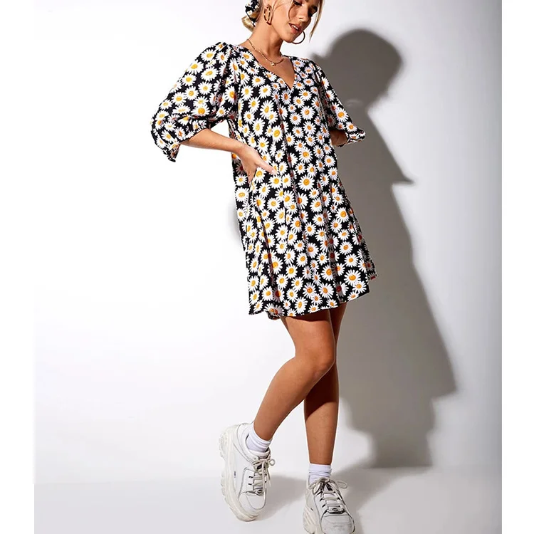 

Popular fashion daisy print loose home dress