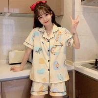 atoxy pajamas women summer short sleeved suit student girl shorts sweet and cute cardigan lapel cartoon korean home service
