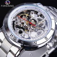 forsining men skeleton dial transparent automatic watch roman numerals silver waterproof stainless steel sport mechanical watch