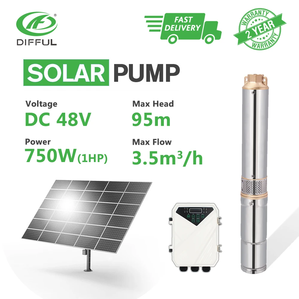 

3" DC Deep Well Solar Water Pump 48V 1HP Submersible MPPT Controller Plastic Impeller Bore Hole Irrigation (Head 95m, 3.5T/H)