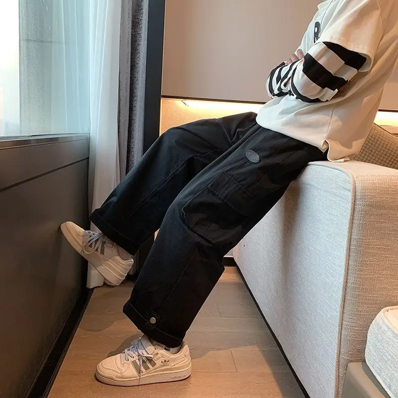 

Брюки-комбинезоны для мужчин и женщин, свободные прямые повседневные штаны в японском и черном стиле, с завышенной талией для студентов, мод...