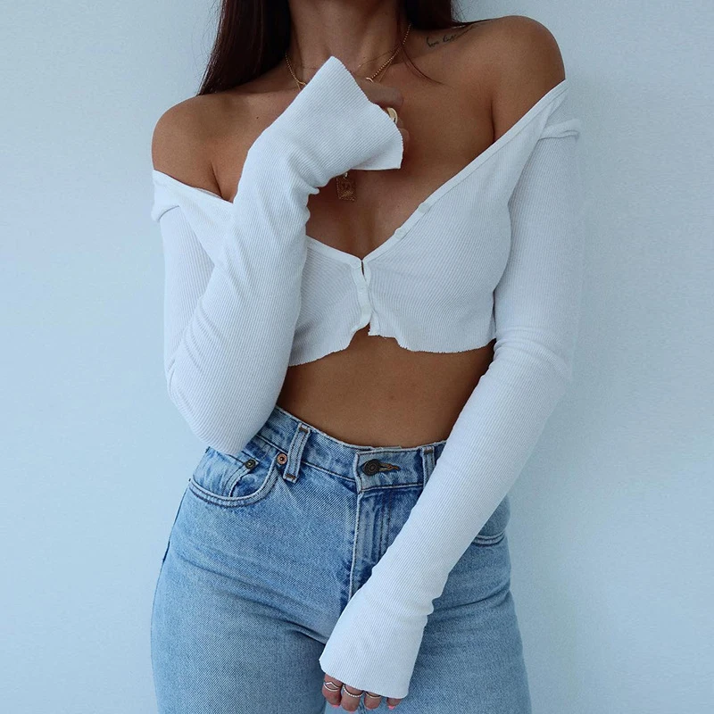 Женская футболка осень 2019 camiseta mujer сексуальный v-образный вырез Одноцветный белый