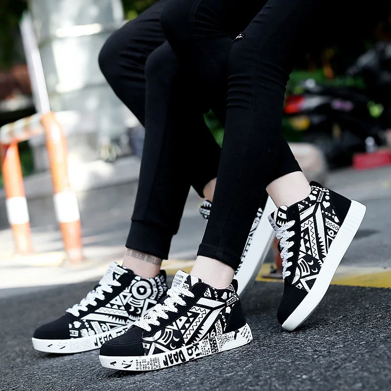 

High Top Men Sneakers Print Designer Shoes For Men Casual Shoe Lace-up Vulcanize Shoes Black 2019 Spring/autumn