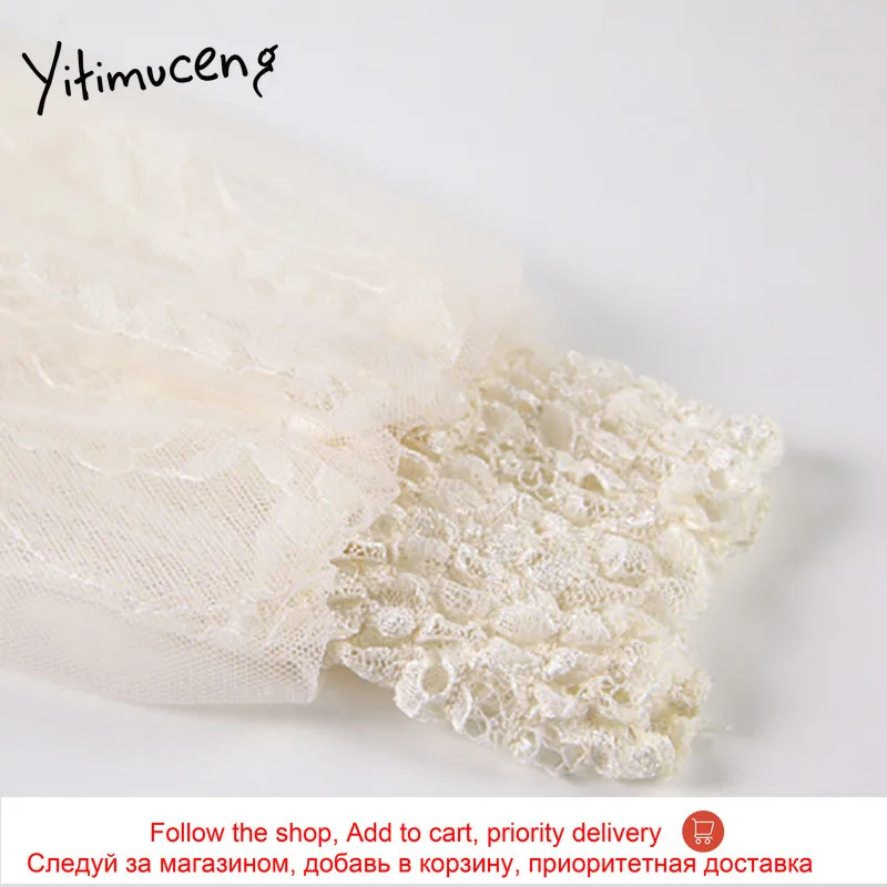 

Yitimuceng Lace Dresses for Women A-Line Solid White Spring 2021 Long Sleeve High Waist Puff Sleeve V-Neck Fashion Office Lady