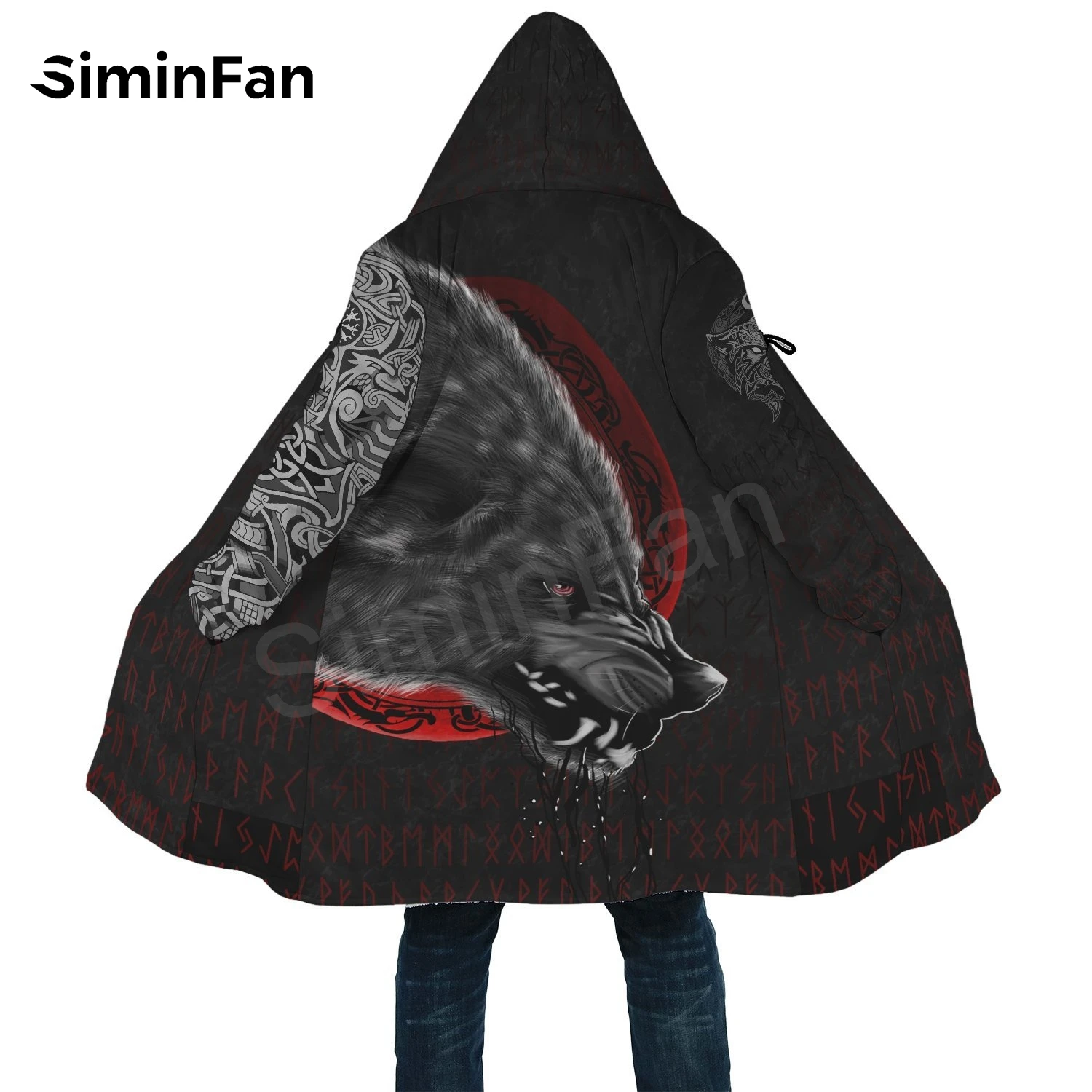 Мужская зимняя теплая фланелевая куртка с капюшоном и 3D-принтом викингов Fenrir Wolf