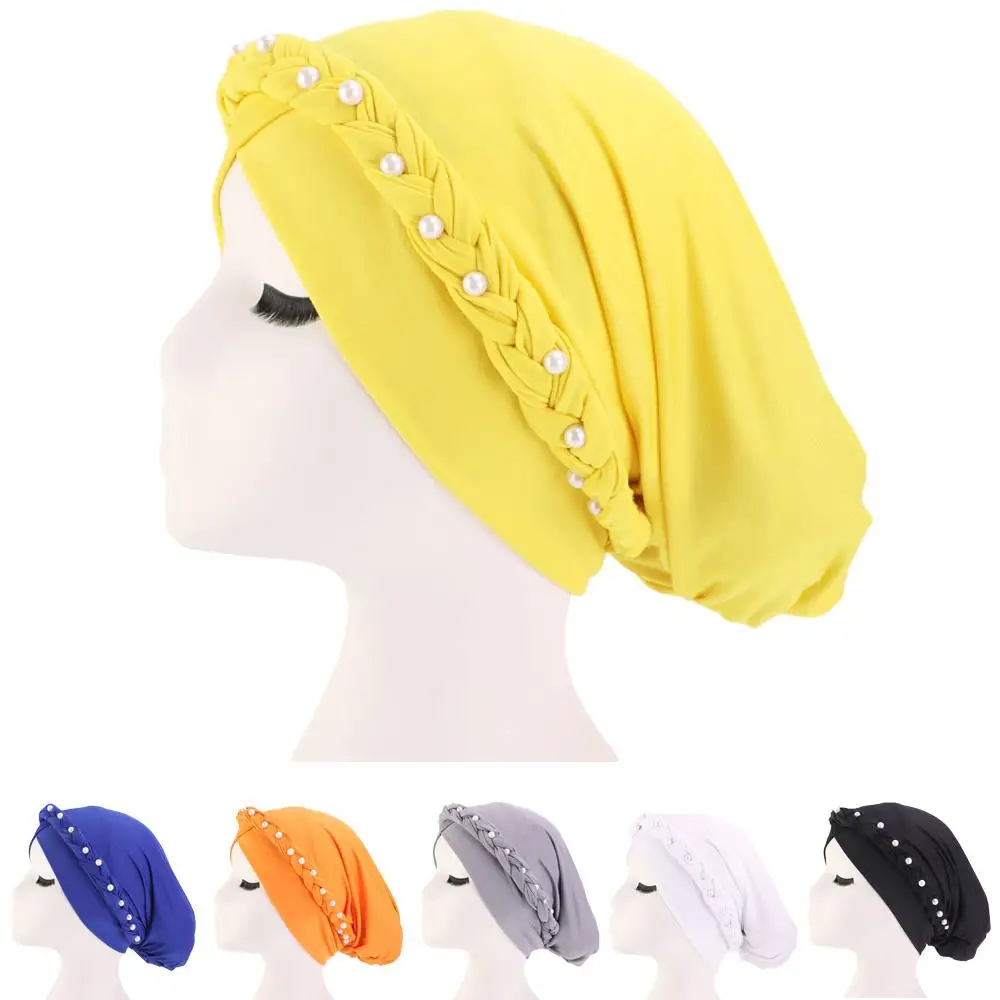 

Women Braid Turban Beanie Muslim Baggy Slouch Headscarf Chemo Cap Hijab Headband Beads Plain Hair Loss Hat Arab Skullies Fashion