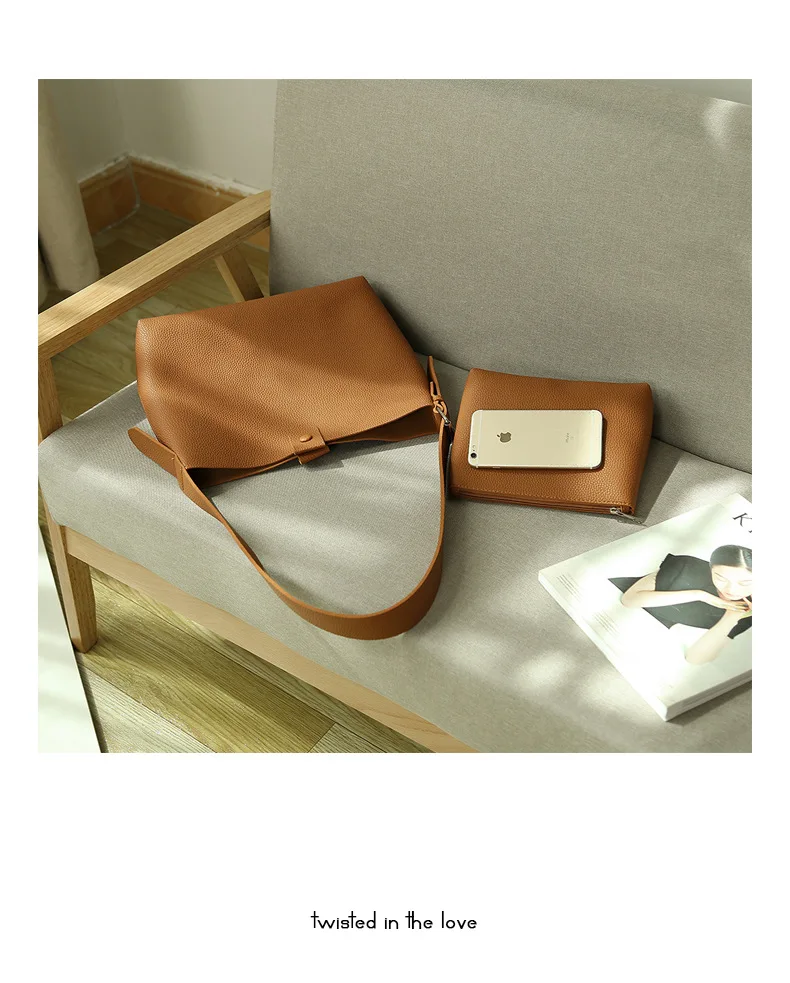 

Large Capacity Ladies Bucket Shoulder Bag Simple Design Solid Color Female Purse Handbags Soft PU Leather Women Handbags Tote