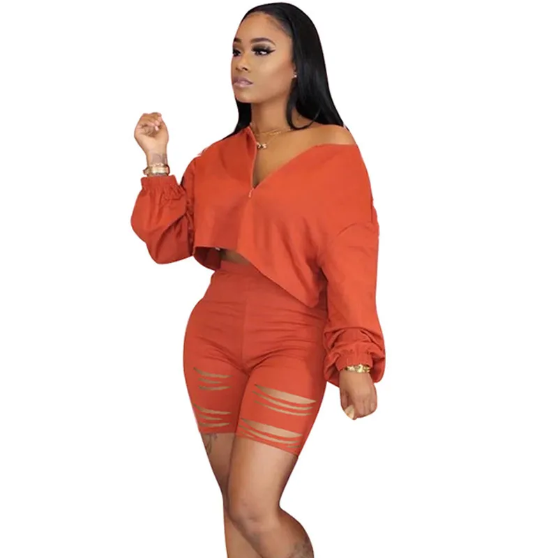 

2020 Casual Two Piece Set Summer Clothes for Women Tracksuit Crop Top Hole Shorts Sweat Suits Lounge Wear Matching Set Outfits