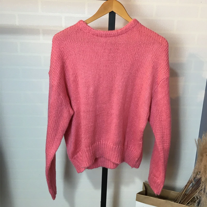 Женский трикотажный свитер розовый Свободный пуловер с круглым вырезом