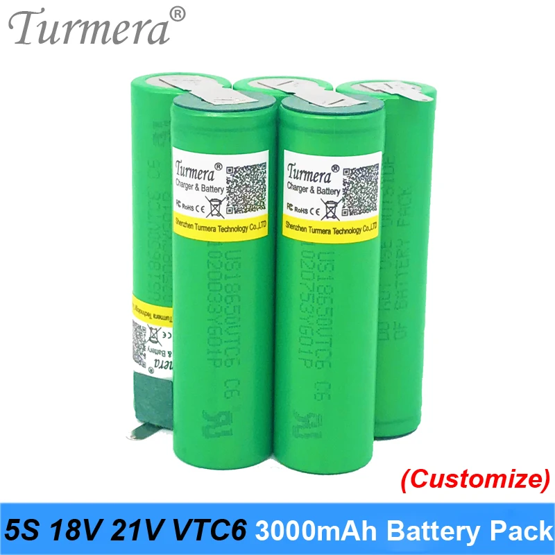 

Turmera battery 5s 18v 21v 18650 vtc6 3000mah battery soldering battery for vacuum cleaner and screwdriver battery customized