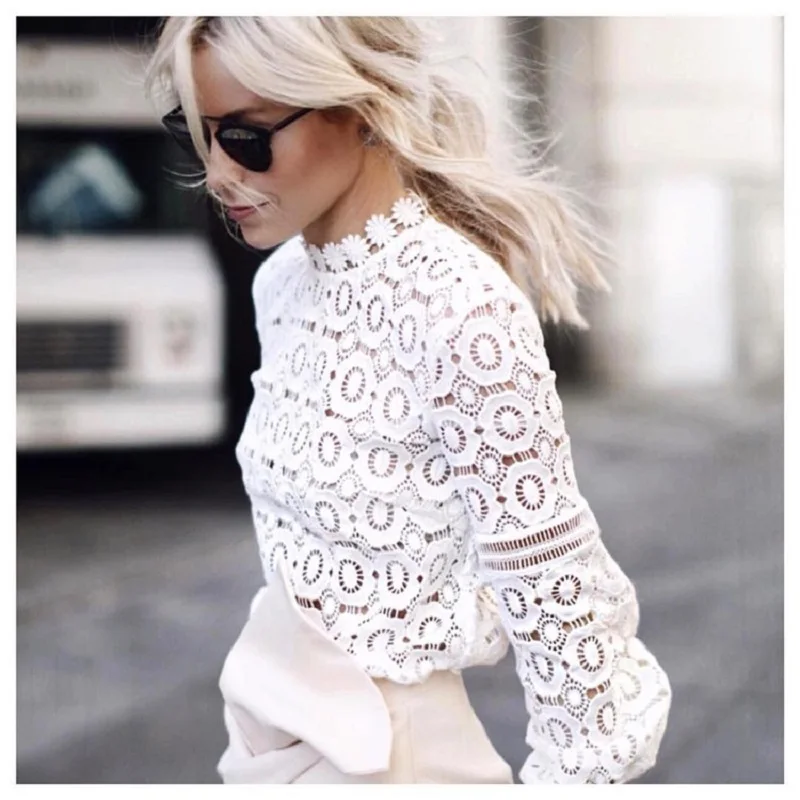 Кружевная блузка высокого качества Женская Повседневная белая рубашка с длинным