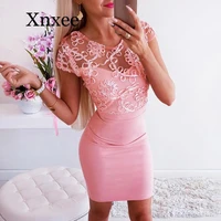 women bodycon dress sexy lace splicing see through backless short sleeve o neck zipper mini dress ladies summer slim party dress