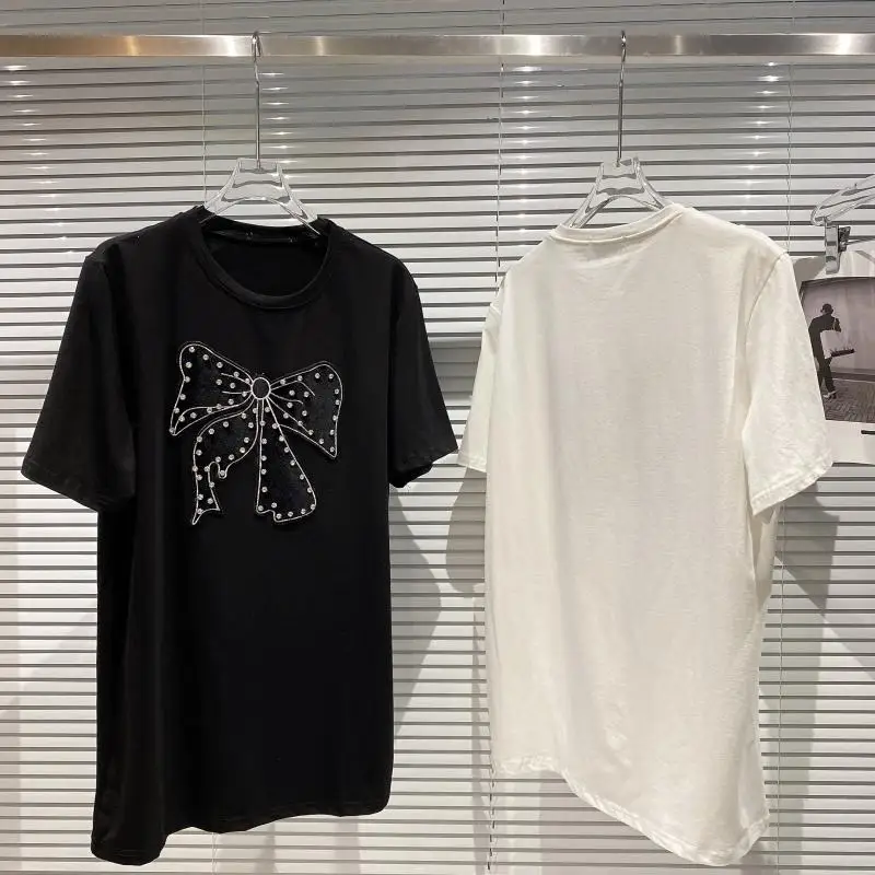 

2021 Summer New Fashion Solid Color Rhinestone Beaded Bow Top Women's Round Neck Short Sleeve Casual T-shirt Female