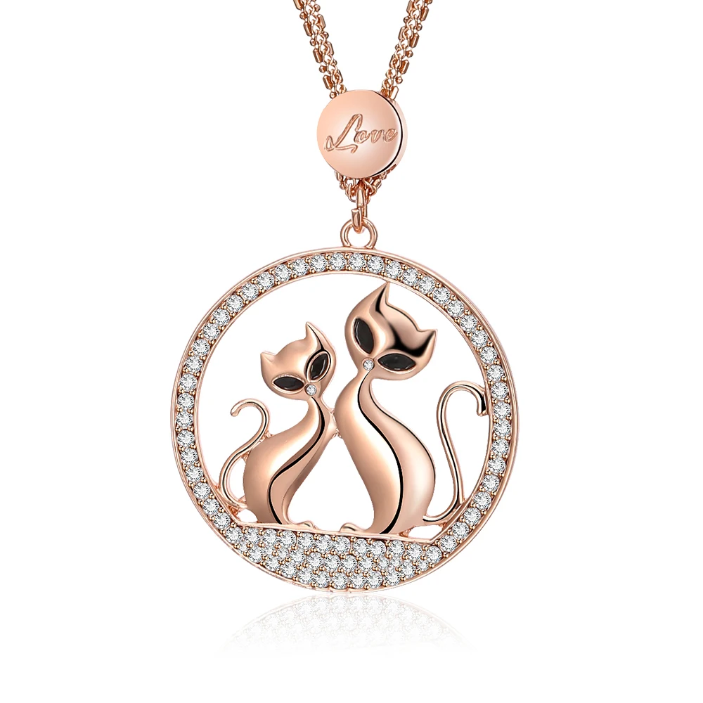 Rose Golden Ожерелье с котом для женщин, кристалл, круглый черный глаз, животное, подвеска, длинное ожерелье, розовое золото, модные украшения, аксессуары в подарок - Окраска металла: Rose Golden