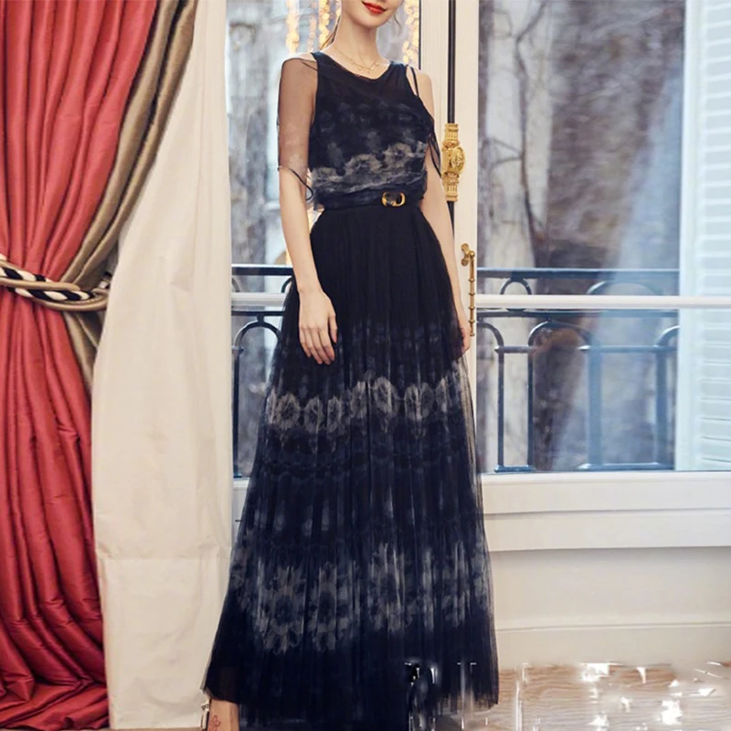 

Fashion Designer 2021 Summer Dresses Women Blue Sleeveless High Quality Runway New Slim Party Dress