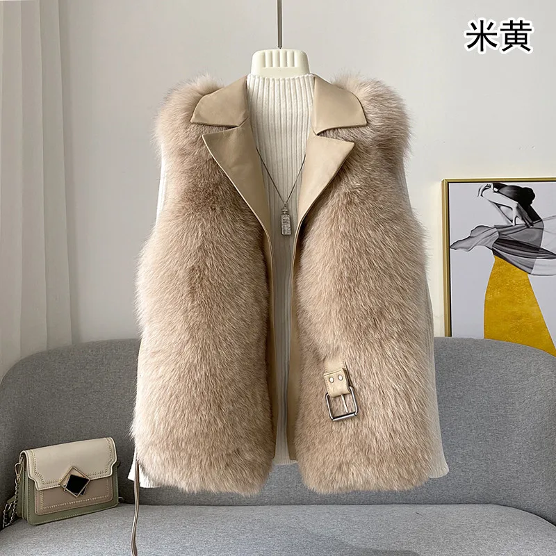 FURSARCAR Genuine Motorcycle Leather Fur Vest Real Natrual Fox Fur Women Winter Waistcoat Sheep Skin Whole Skin Fox Fur Gilet