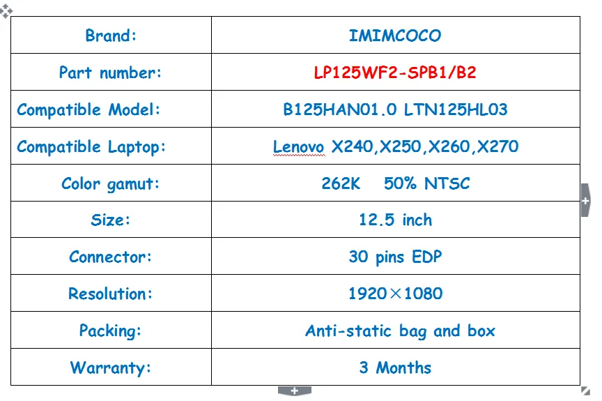 Ноутбук led ips экран LP125WF2-SPB1/B2 для LENOVO X240, X240 X250, X260, X270, x280, S1 YOGA, 1920*1080, 30PIN, с FRU No