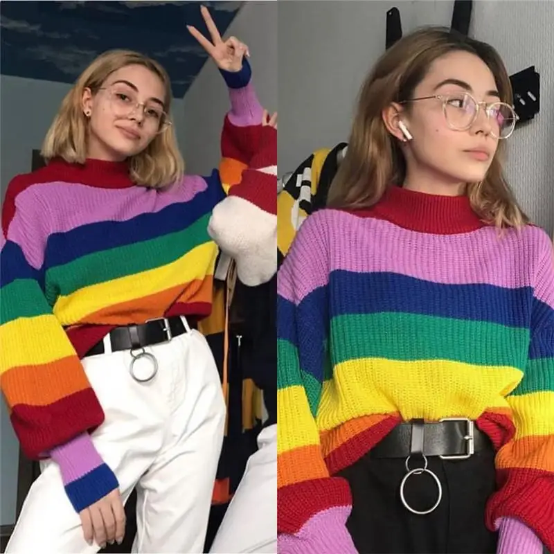 Женский зимний Радужный полосатый свитер с высоким воротом большие размеры