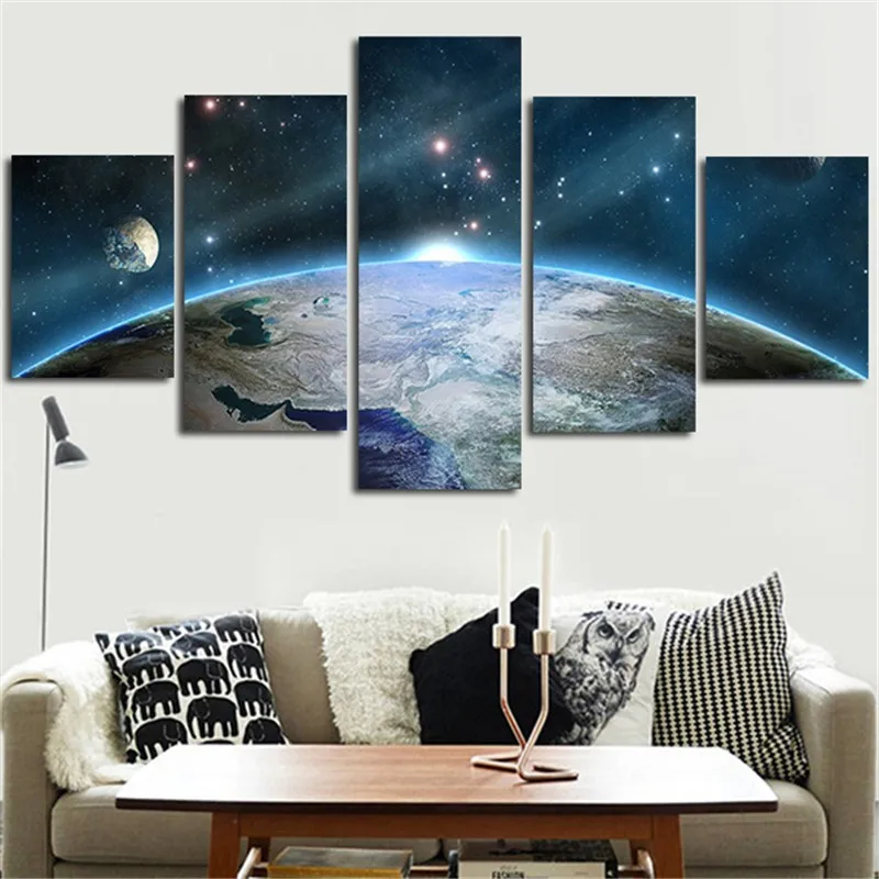 

5 Pieces of Modern digital frameless universe space landscape poster mural turquoise living room home decoration painting